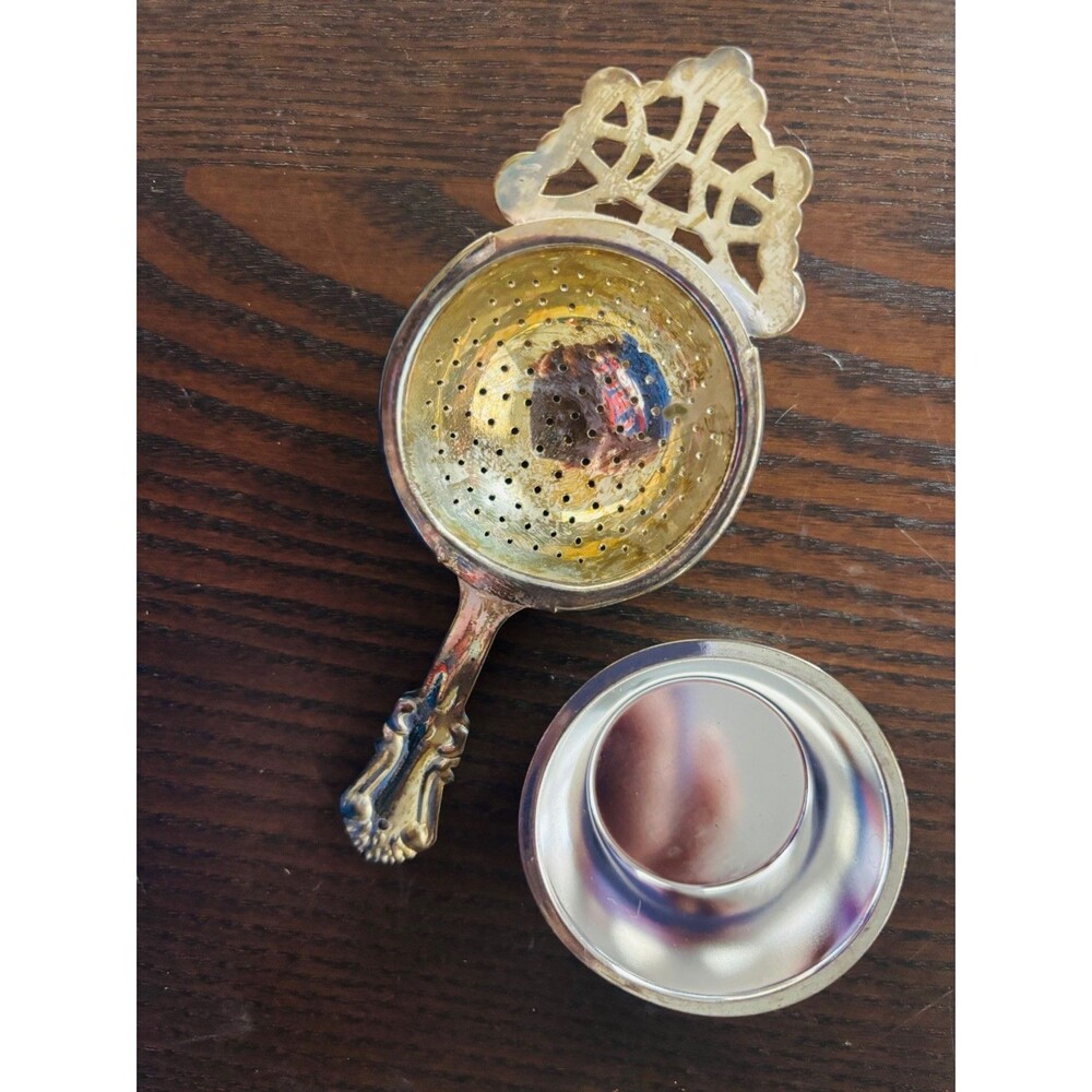 Vintage Style Silverplate Over Cup Tea Strainer Drip Cup Catch Bowl Ornate